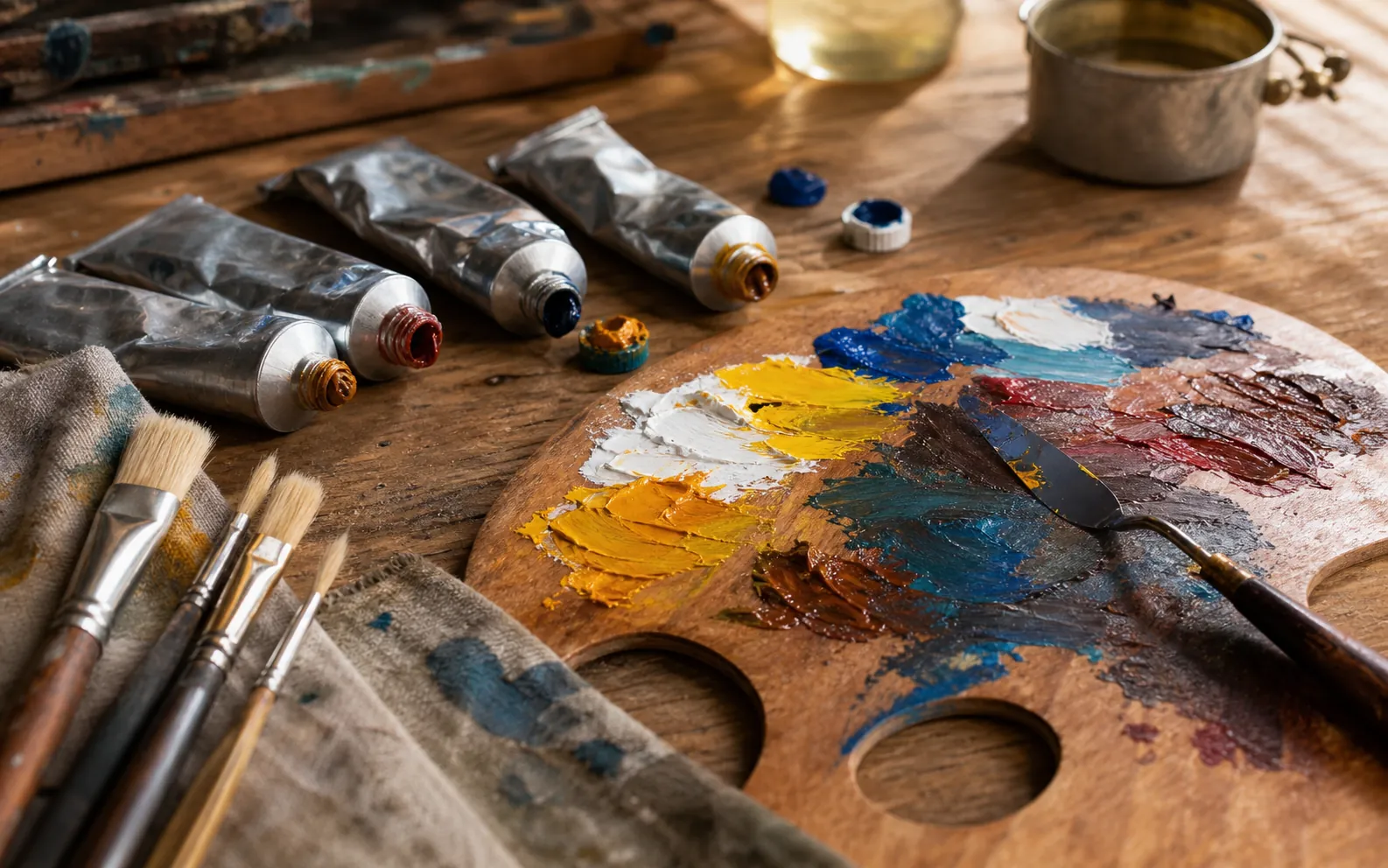 Ölfarben, Pinsel und Leinwandmaterial im Atelier