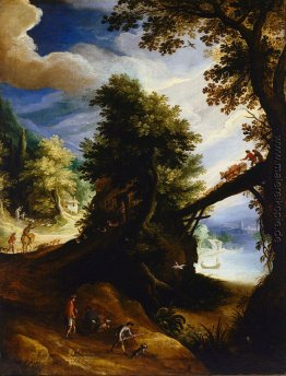 Eine bewaldete Landschaft mit einer Brücke und Sportler am Rand Eine bewaldete Landschaft mit einer Brücke und Sportler am Rand