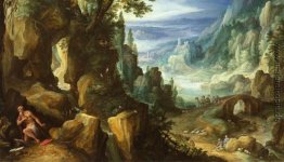Landschaft mit Heiligen Hieronymus und felsigen Klippen Landschaft mit Heiligen Hieronymus und felsigen Klippen