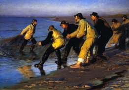 Fischer schleppen das Netz auf Skagen Nordstrand Fischer schleppen das Netz auf Skagen Nordstrand