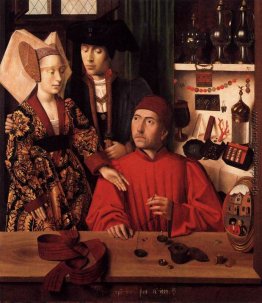 St. Eligius als Goldschmied, die einen Ring an den Verlobten St. Eligius als Goldschmied, die einen Ring an den Verlobten
