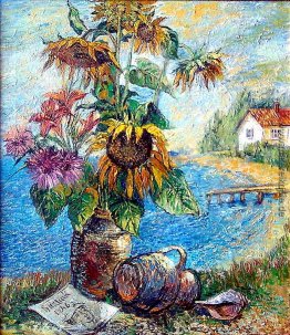 Blumenstrauß mit Sonnenblumen mit Landschaft Blumenstrauß mit Sonnenblumen mit Landschaft
