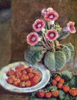 Eine Blume in einem Topf und Erdbeeren Eine Blume in einem Topf und Erdbeeren