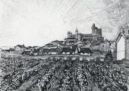 Ansicht von Saintes-Maries mit Kirche und Stadtmauern Ansicht von Saintes-Maries mit Kirche und Stadtmauern