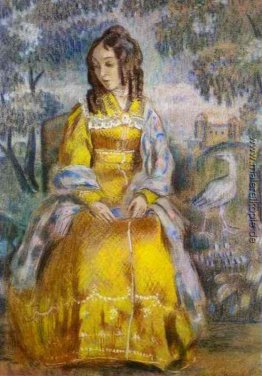 Lady sitzend, mit einem Wandteppich im Hintergrund Lady sitzend, mit einem Wandteppich im Hintergrund