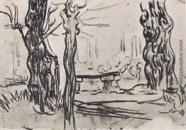 Garten der Asyl- und Baumstämme und einer Steinbank Garten der Asyl- und Baumstämme und einer Steinbank