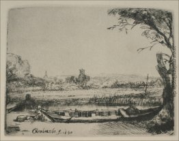 Landschaft mit einem Kanal und großes Boot Landschaft mit einem Kanal und großes Boot