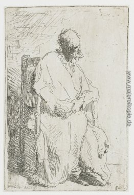 Alter Mann in einem langen Mantel sitzt in einem Sessel Alter Mann in einem langen Mantel sitzt in einem Sessel