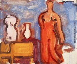 Studio-Innenraum mit Oberkörper, Blumenvase, Chair und Nude Studio-Innenraum mit Oberkörper, Blumenvase, Chair und Nude
