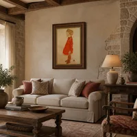 Kleines Mädchen mit blonden Haaren in einem roten Kleid — Italienische Villa