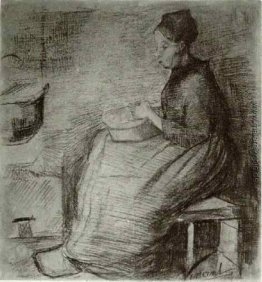 Woman, Sitzend durch das Feuer, Schalen-Kartoffeln Woman, Sitzend durch das Feuer, Schalen-Kartoffeln