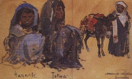 Zwei weibliche Figuren. Eine männliche Figur mit einem Esel. Zwei weibliche Figuren. Eine männliche Figur mit einem Esel.