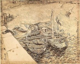 Quay mit den Männern Sand-Lastkähne Quay mit den Männern Sand-Lastkähne