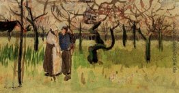 Blühender Obstgarten mit zwei Zahlen Frühling Blühender Obstgarten mit zwei Zahlen Frühling