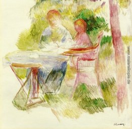 Frau mit Kind in einem Garten Frau mit Kind in einem Garten