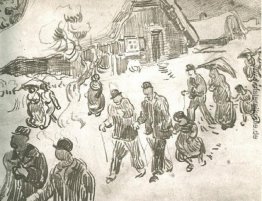 Menschen zu Fuß an der schneebedeckten Hütte Menschen zu Fuß an der schneebedeckten Hütte