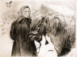 In einem Dorf. Ländliche Frau mit einem Pferd In einem Dorf. Ländliche Frau mit einem Pferd