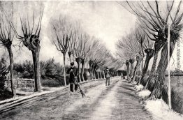 Straße mit Kopfweiden und Mann mit Besen Straße mit Kopfweiden und Mann mit Besen