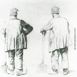 Zwei Skizzen von einem Mann stützte sich auf seinen Spaten Zwei Skizzen von einem Mann stützte sich auf seinen Spaten