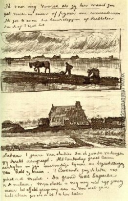 Plowman mit Bücken Frau und ein kleines Bauernhaus mit Haufen vo Plowman mit Bücken Frau und ein kleines Bauernhaus mit Haufen vo
