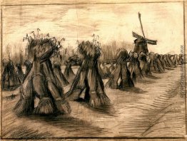 Weizen-Feld mit Garben und eine Windmühle Weizen-Feld mit Garben und eine Windmühle