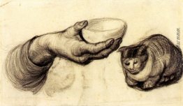 Hand mit Schüssel und eine Katze Hand mit Schüssel und eine Katze