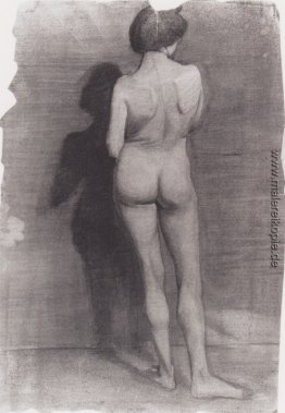 Stehender weiblicher Akt, gegen eine dunkle Wand Stehender weiblicher Akt, gegen eine dunkle Wand