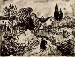 Landschaft mit Häuser zwischen Bäumen und einer Abbildung Landschaft mit Häuser zwischen Bäumen und einer Abbildung