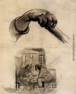 Hand mit einem Stock, und Vier Personen eine gemeinsame Mahlzeit Hand mit einem Stock, und Vier Personen eine gemeinsame Mahlzeit