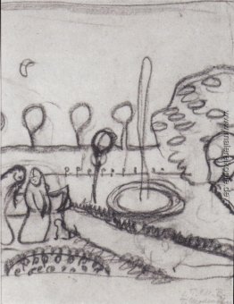 Zwei Frauen, die in den Garten mit Brunnen Zwei Frauen, die in den Garten mit Brunnen
