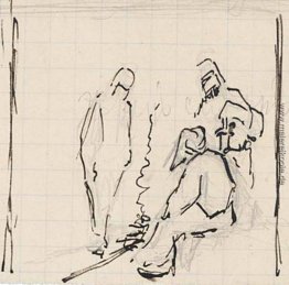Flüchtige Skizze von drei Figuren, die durch Feuer Flüchtige Skizze von drei Figuren, die durch Feuer