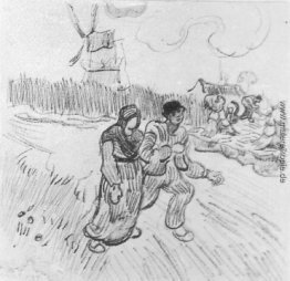 Paar Arm in Arm und andere Figuren, mit einer Windmühle im Hinte Paar Arm in Arm und andere Figuren, mit einer Windmühle im Hinte