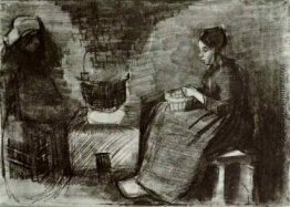 Woman, Sitzend durch das Feuer, Schalen-Kartoffeln, Skizze einer Woman, Sitzend durch das Feuer, Schalen-Kartoffeln, Skizze einer