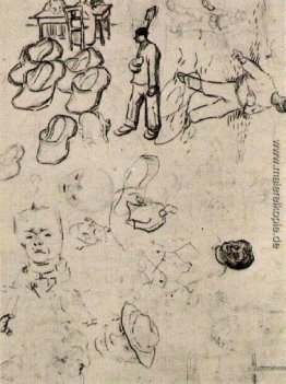 Blatt mit Zahlen auf einen Tisch, ein Sämann, Holzschuhe, etc Blatt mit Zahlen auf einen Tisch, ein Sämann, Holzschuhe, etc