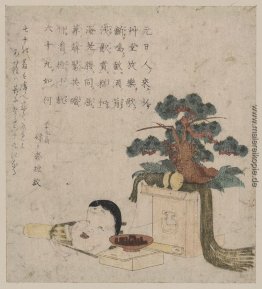 Dekoration von drei Schätzen und eine Maske aus Otafuku Dekoration von drei Schätzen und eine Maske aus Otafuku
