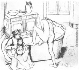 Nude Einstieg in die Badewanne neben dem Sitzende Großmutter Nude Einstieg in die Badewanne neben dem Sitzende Großmutter