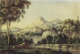Landschaft mit Wasserfall und Brücke Landschaft mit Wasserfall und Brücke