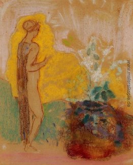 Frau und Stein Topf voller Blumen Frau und Stein Topf voller Blumen