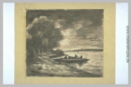 Boot in der Nähe von einem Ufer mit Bäumen gesäumt Boot in der Nähe von einem Ufer mit Bäumen gesäumt