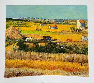 Ernte am La Crau mit Montmajour im Hintergrund