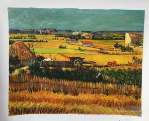 Ernte am La Crau mit Montmajour im Hintergrund