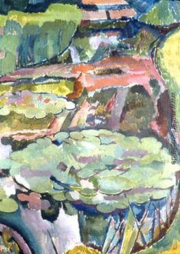 Landschaft mit Teich und Wasser-Lilien- Landschaft mit Teich und Wasser-Lilien-