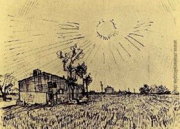 Feld mit Häuser unter einem Himmel mit Sun Disk Feld mit Häuser unter einem Himmel mit Sun Disk