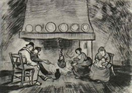 Innenraum einer Farm mit Figuren am Kamin Innenraum einer Farm mit Figuren am Kamin