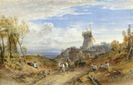 Eine Windmühle von einem Land-Straße Eine Windmühle von einem Land-Straße